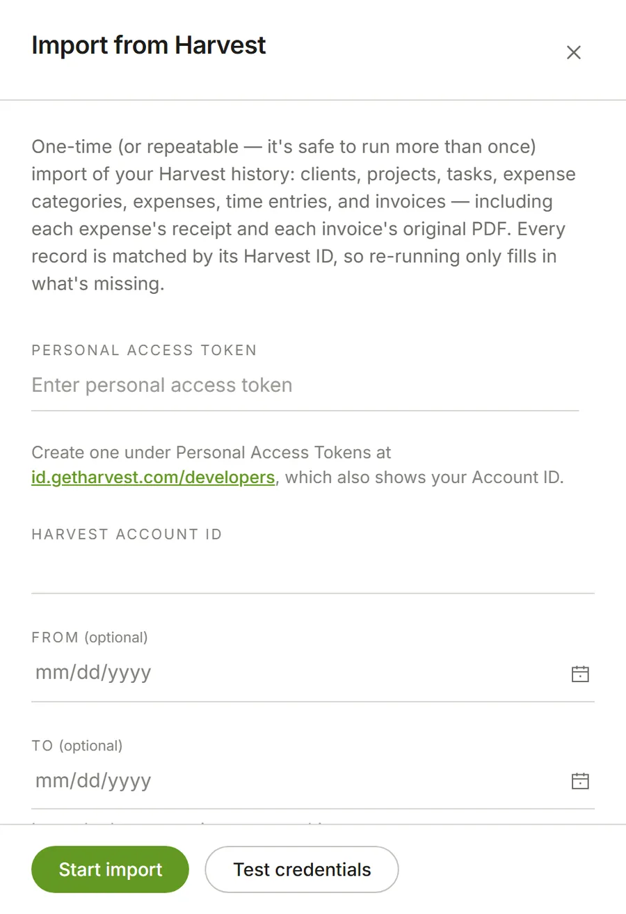 The Import from Harvest panel in Eddish's settings