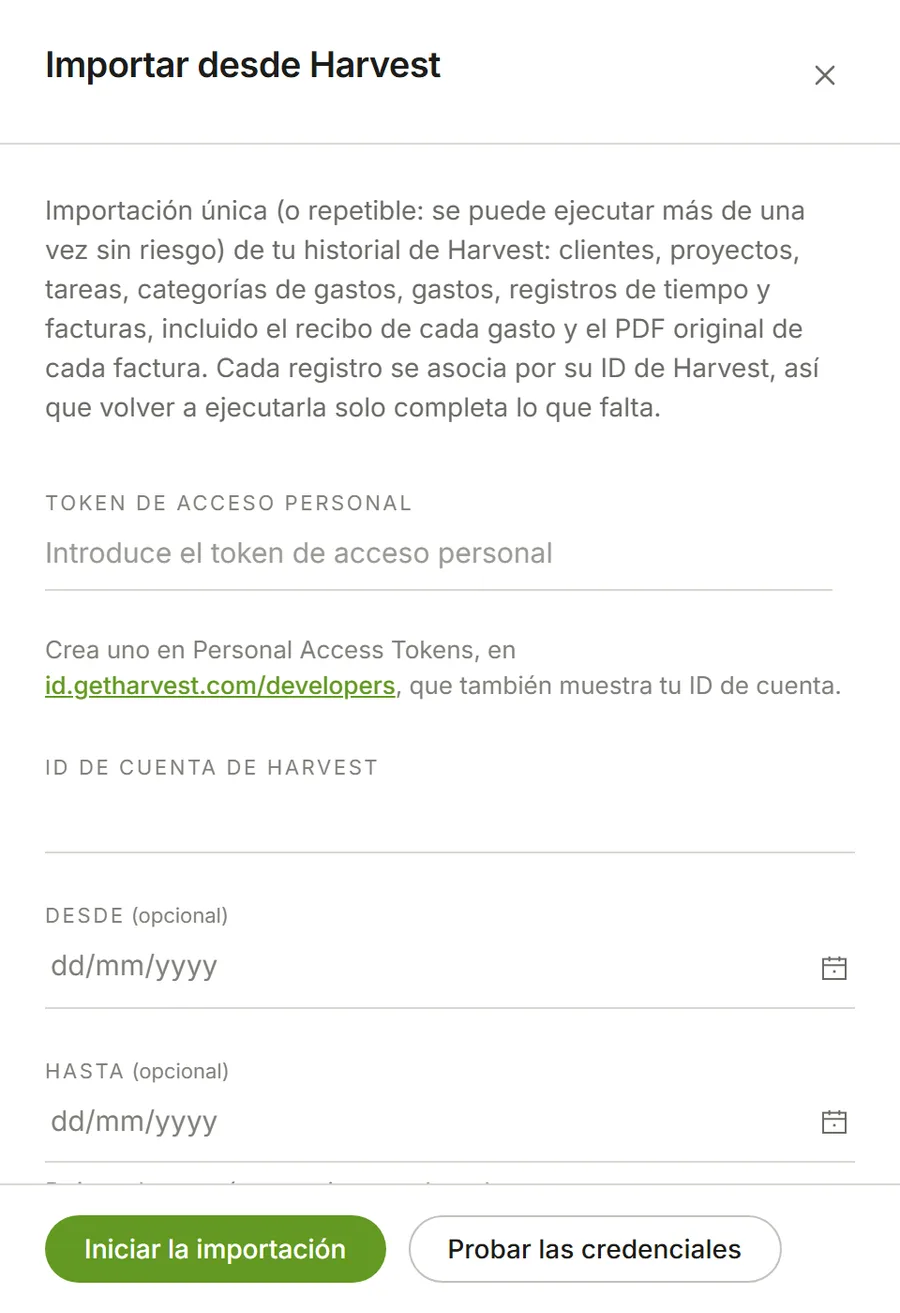 El panel Importar desde Harvest en la configuración de Eddish