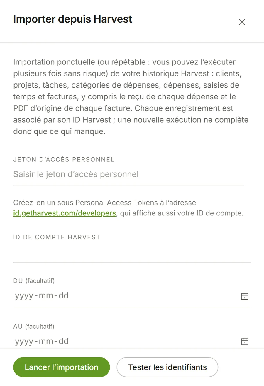 Le panneau Importer depuis Harvest dans les paramètres d’Eddish