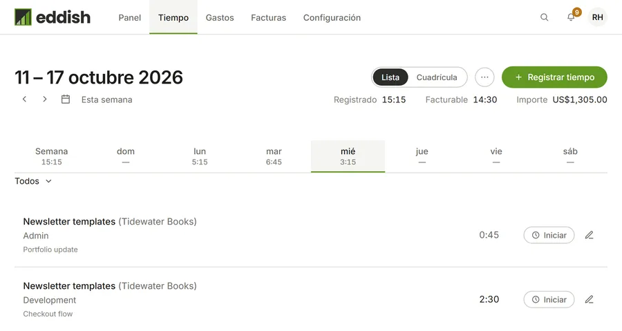 La pantalla Tiempo de Eddish: una semana de registros con los totales registrados, facturables y en importe